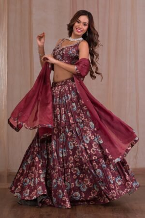 Brown Cutdana Satin Readymade Lehenga