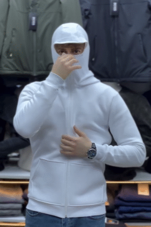 WHITE FULL-ZIP HOODIE WITH FACE COVER DESIGN