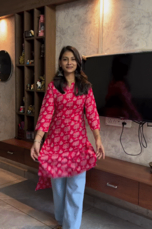 Elegant Pink Printed A-Line Kurti with Light Blue Pants – Everyday Comfort & Style