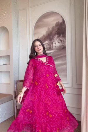 Luxury Bandhej-Style Pink Anarkali Kurti with Dupatta – Festive Ethnic Flair