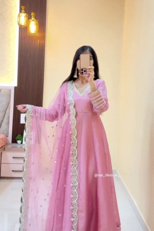 Elegant Baby Pink Heavy Embellished Anarkali Set with Mirror-Work Dupatta