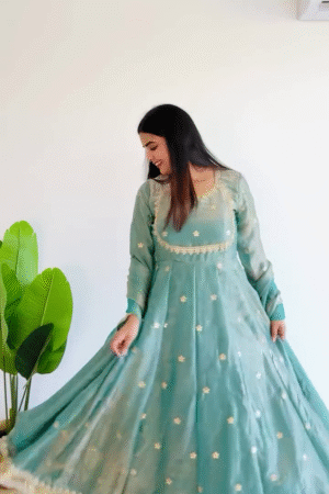Teal Green Hand-Embroidered Anarkali Set with Dupatta & Golden Lace Detailing