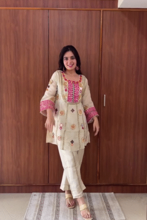 Cream Mirror-Work Short Kurti & Pant Set with Contrasting Pink Yoke