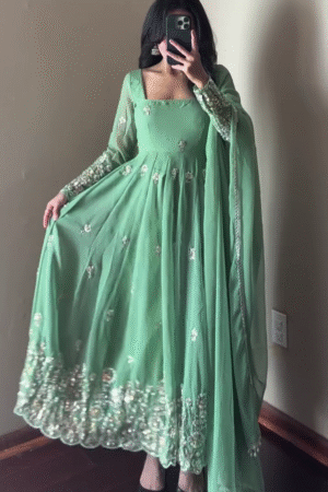 Pastel Mint Green Heavy Embroidered Anarkali Suit with Dupatta – Premium Festive Edition