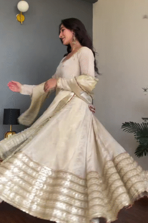 Ivory Gold-Sequined Flared Anarkali Suit with Embellished Neckline – Elegant Festive Wear