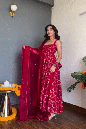 Crimson Red Thread-Embroidered Anarkali Suit with Matching Dupatta – Festive Celebration Edition