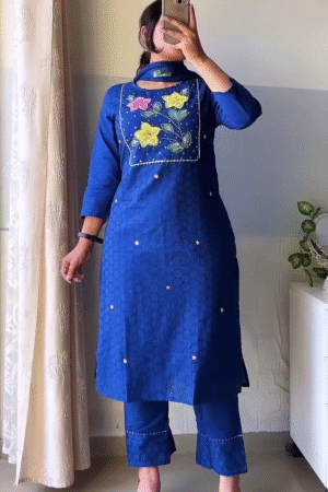 Royal Blue Floral Hand-Embroidered Straight Kurta Set with Matching Pants & Dupatta