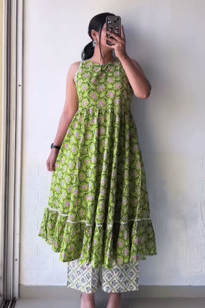 Lime Green Floral Printed A-Line Kurti with Ruffled Hem – Everyday Ethnic Comfort Wear