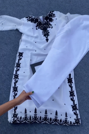 Elegant White & Black Contrast Embroidered Salwar Suit with Dupatta – Classic Ethnic Edition