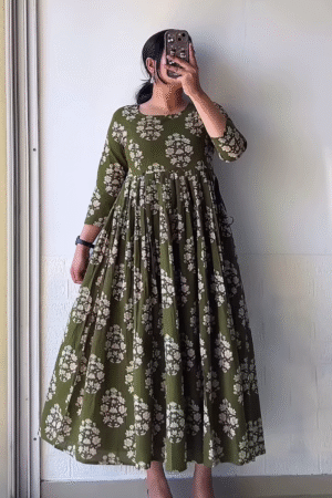 Olive Green Floral Print Anarkali-Style Maxi Dress – Casual Ethnic Comfort Edition
