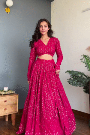 Rani Pink Sequin-Embellished Georgette Lehenga Set with Long-Sleeve Blouse – Premium Festive Collection
