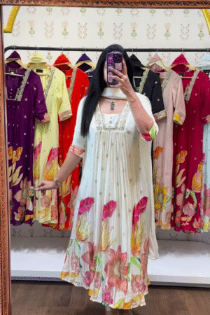 Black Floral Elegance Anarkali Kurta with Mirror-Work Neckline – Premium Festive & Casual Fusion Collection