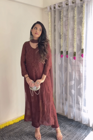 Maroon Sequin-Embellished Georgette Straight Suit Set with Dupatta – Premium Festive & Occasionwear Ensemble