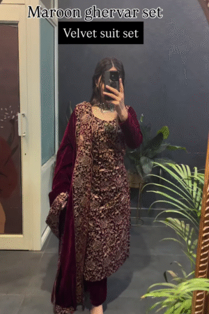 Maroon Heavy Embroidered Velvet Ghervar Suit Set – Royal Winter Festive Wear