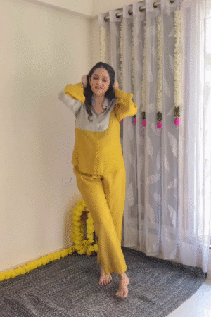 Two-Tone Mustard & Beige Co-Ord Set – Premium Satin Comfort Wear