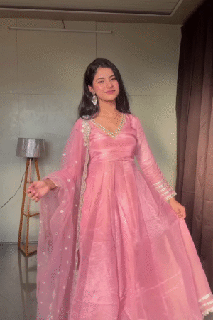 Blush Pink Silk Anarkali Suit with Mirror-Work Dupatta – Elegant Festive Wear