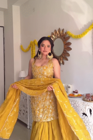 Mustard Yellow Embroidered Sharara Suit with Matching Dupatta – Festive Ethnic Set
