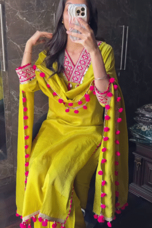 Vibrant Yellow Embroidered Suit Set with Pink Pom-Pom Dupatta – Festive & Traditional Wear
