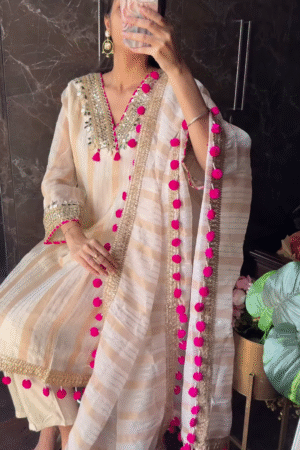 Cream & Gold Striped Mirror-Work Suit Set with Pink Pom-Pom Dupatta