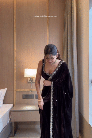 Premium Black Velvet Saree with Hand-Embroidered Silver Border