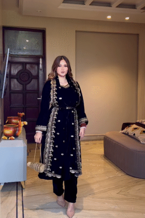 Luxury Black Velvet Embroidered Suit Set with Antique Golden Detailing