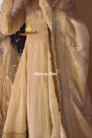 Elegant Gold-Beige Festive Silk Anarkali Suit with Heavy Zari Embroidered Dupatta