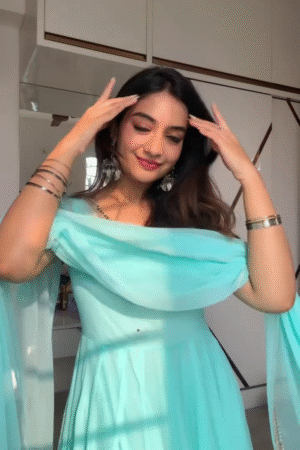 Aqua Blue Off-Shoulder Flowy Anarkali Suit with Matching Dupatta