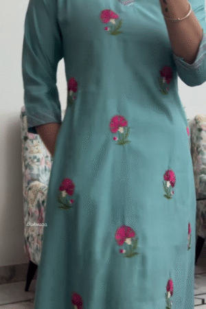 Teal Blue Floral Embroidered Straight Kurti with Striped V-Neck Detailing