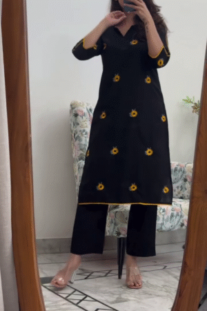 Black Sunflower Embroidered Straight Kurti with Matching Pants