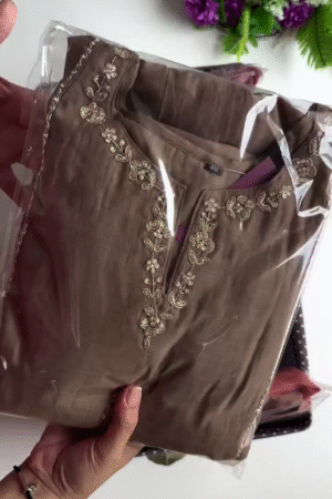 Taupe Brown Embroidered V-Neck Cotton Kurta Set