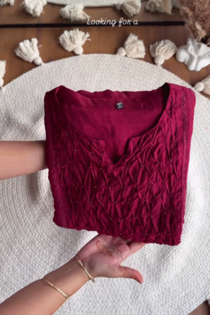 Maroon Textured Smocking Kurta with Subtle Hand-Bead Detailing