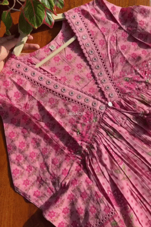 Pink Floral Mirror-Work Printed Kurti with Tassel Detailing – Soft Everyday Wear